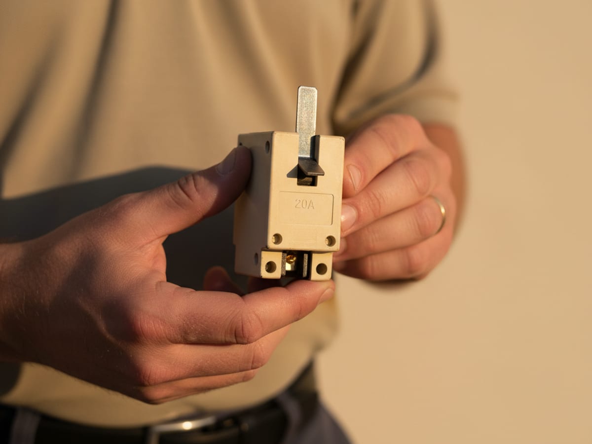 Close-up of a Federal Pacific Stab-Lok breaker removed from a panel showing the discontinued stab-style connector and bus contact