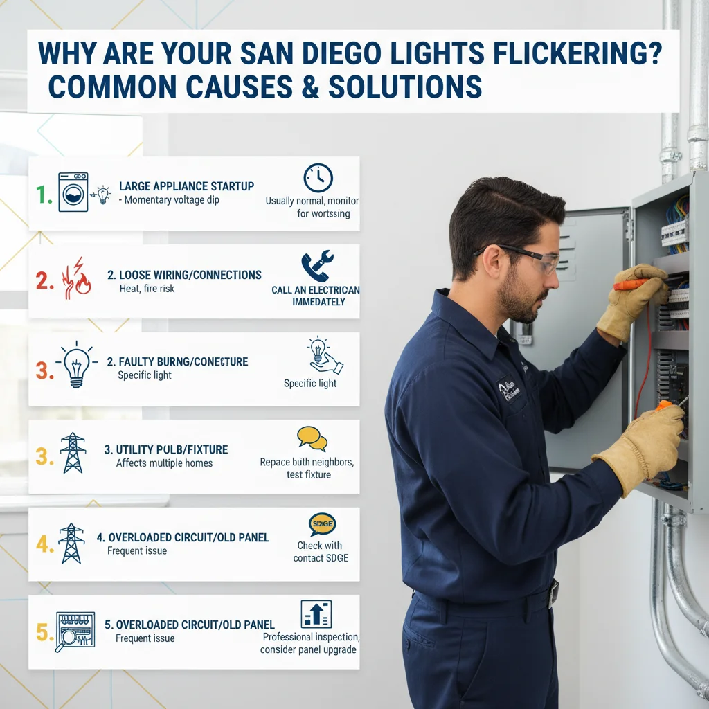 Infographic illustrating the common causes of flickering lights in San Diego homes, including large appliance startup, loose wiring, utility issues, and bulb problems, with severity indicators.