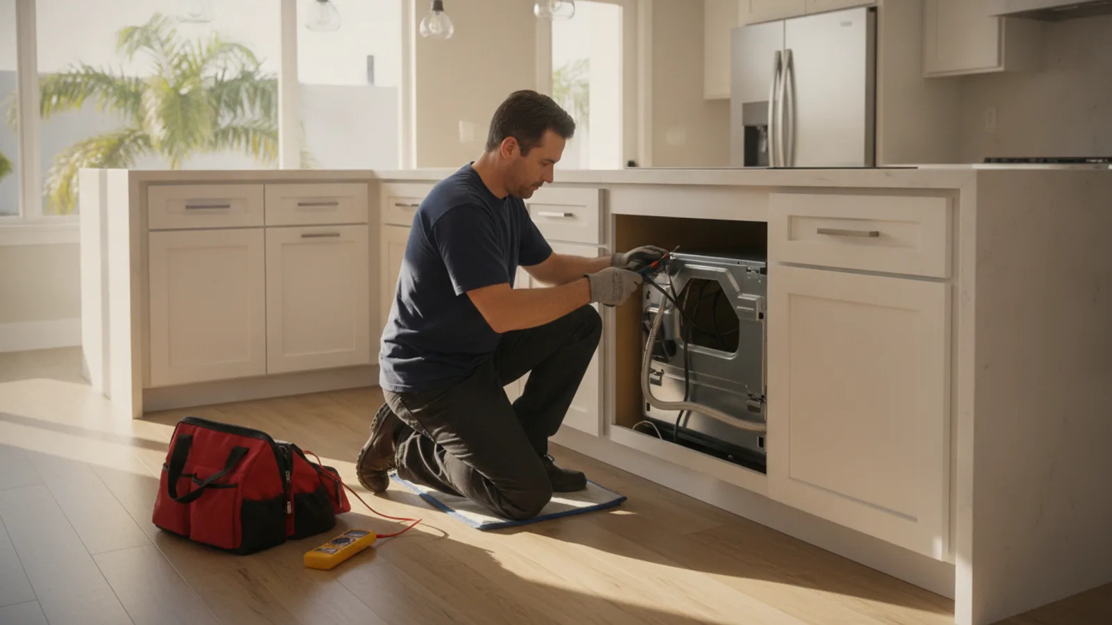 Electrician installing a 240V range circuit for an induction cooktop in a San Diego kitchen