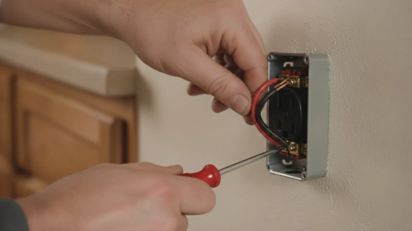 Close-up of an electrician's hands wiring a 240-volt range receptacle