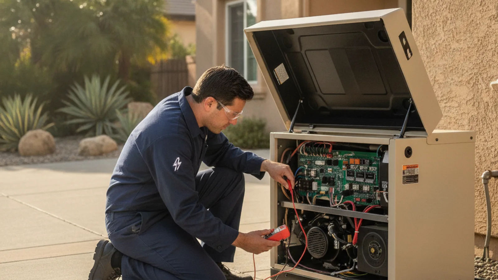 Technician servicing an open Generac home standby generator beside a San Diego house