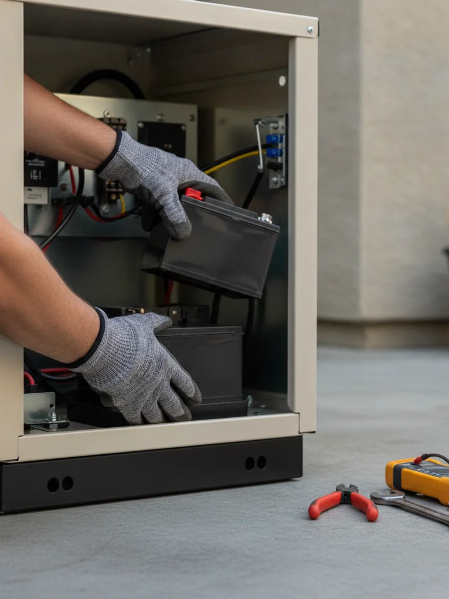 Electrician replacing the 12-volt battery inside a home standby generator enclosure