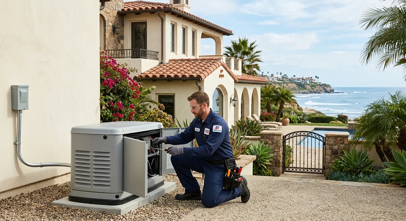 A modern standby generator professionally installed next to a beautiful Carlsbad home with Spanish-style architecture, with the Pacific Ocean visible in the distant background.