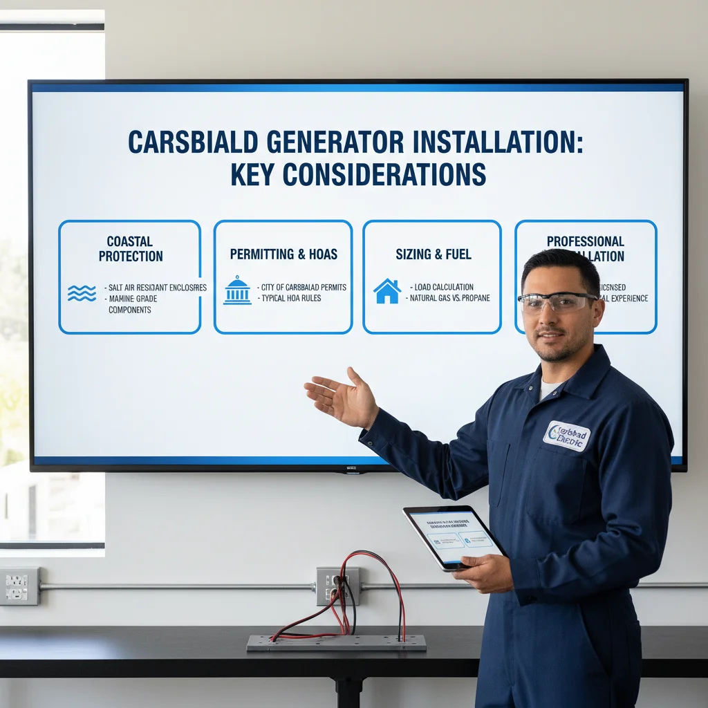 Infographic detailing key factors for generator installation in Carlsbad, including size, coastal considerations, permits, and costs.