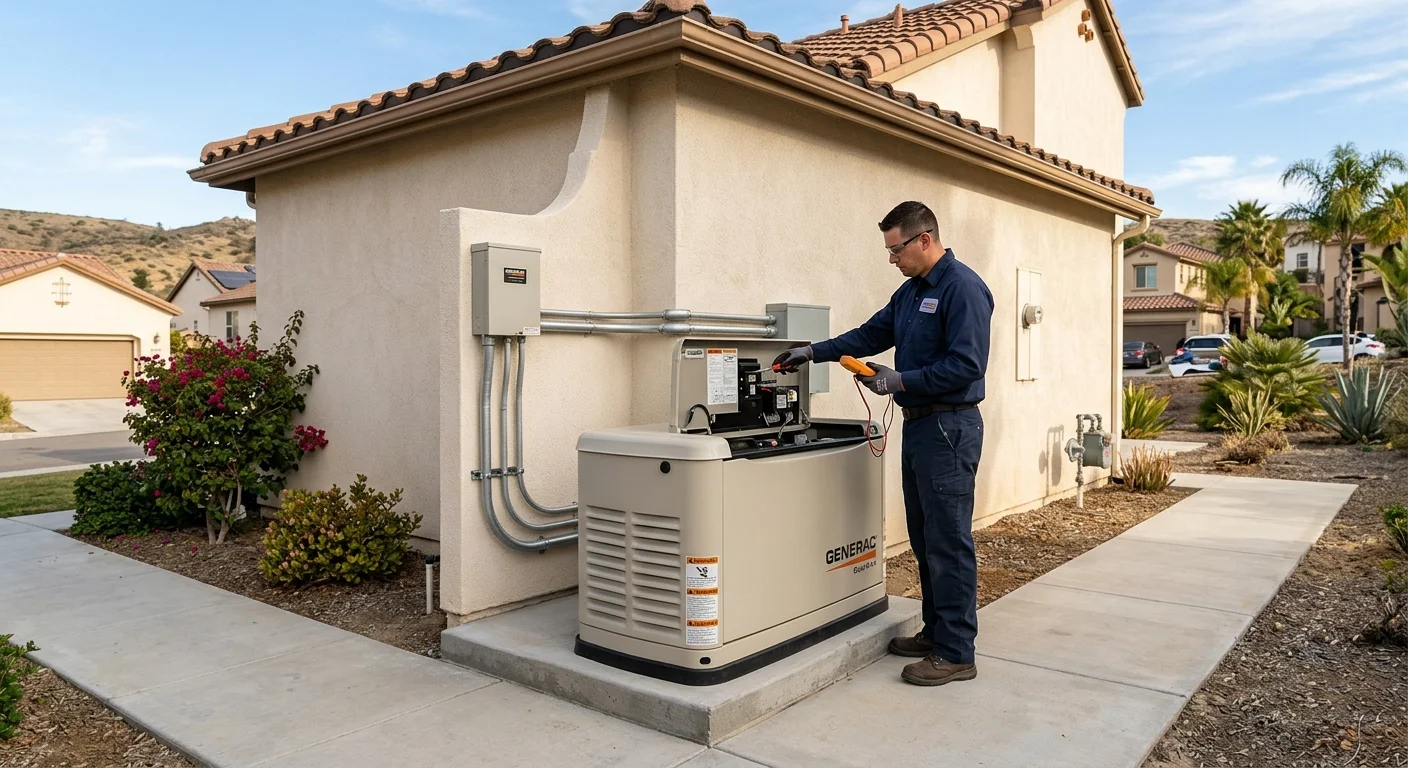 A professionally installed standby generator next to a stucco home in a San Ysidro neighborhood, looking clean and reliable.