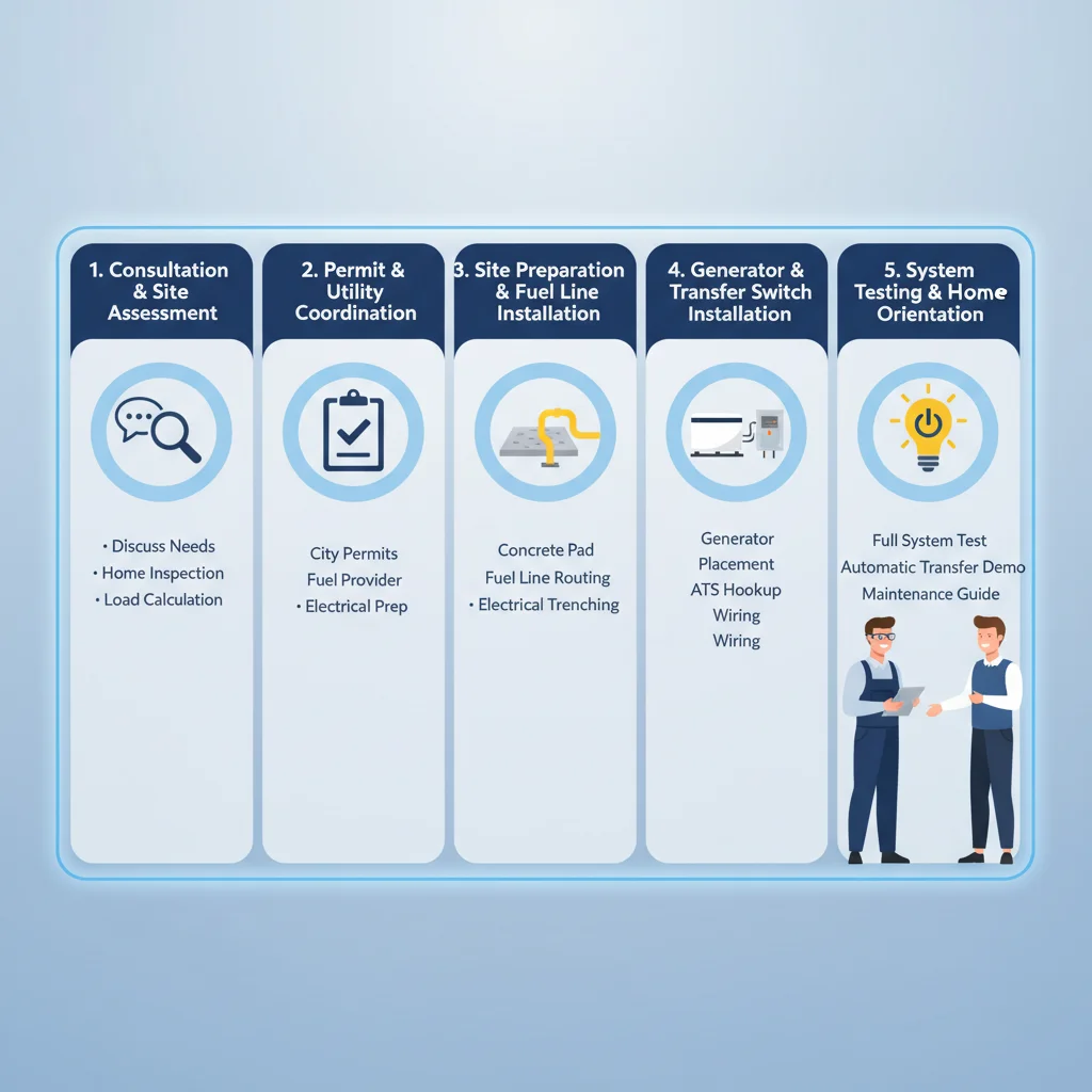 Infographic detailing the typical steps of a whole-home generator installation process.