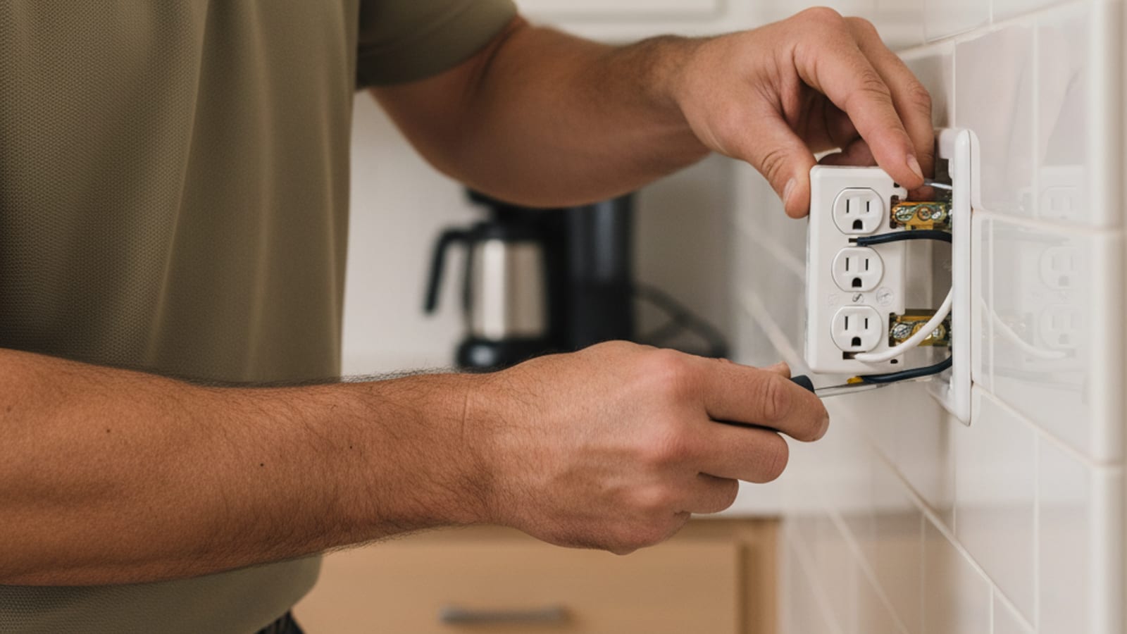 Electrician installing a new white GFCI outlet on a San Diego kitchen wall above the counter with the wall plate removed and color-coded conductors visible