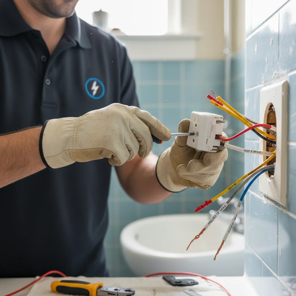 Electrician swapping an old yellowed GFCI receptacle for a new tamper-resistant outlet