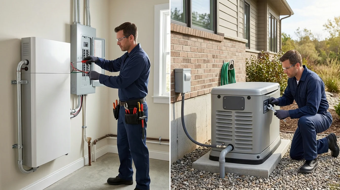 A San Diego home with a wall-mounted battery and outdoor standby generator