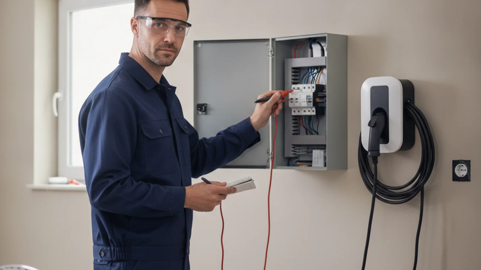 Licensed electrician checking an open electrical panel with a meter during a San Diego home electrical inspection