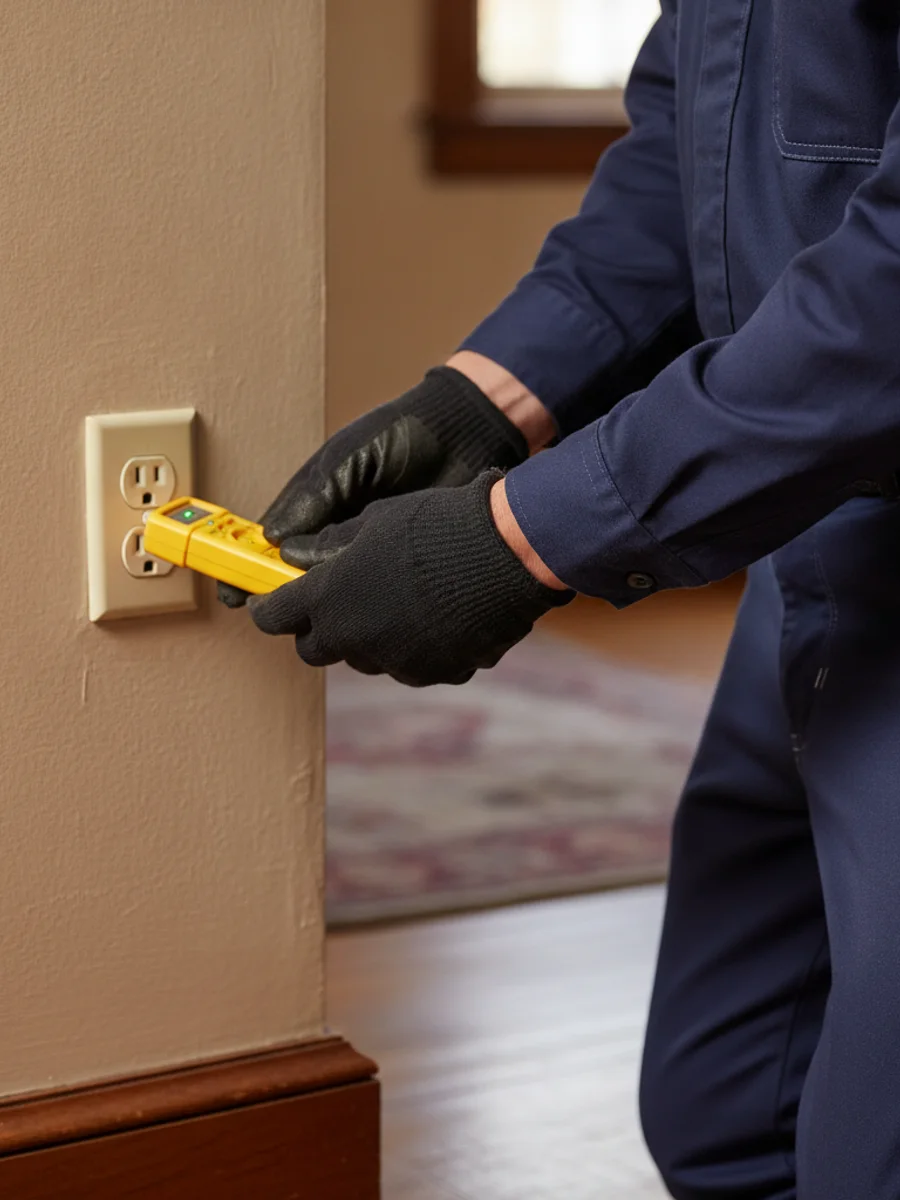 Electrician testing a wall outlet with a plug-in circuit tester in an older San Diego home