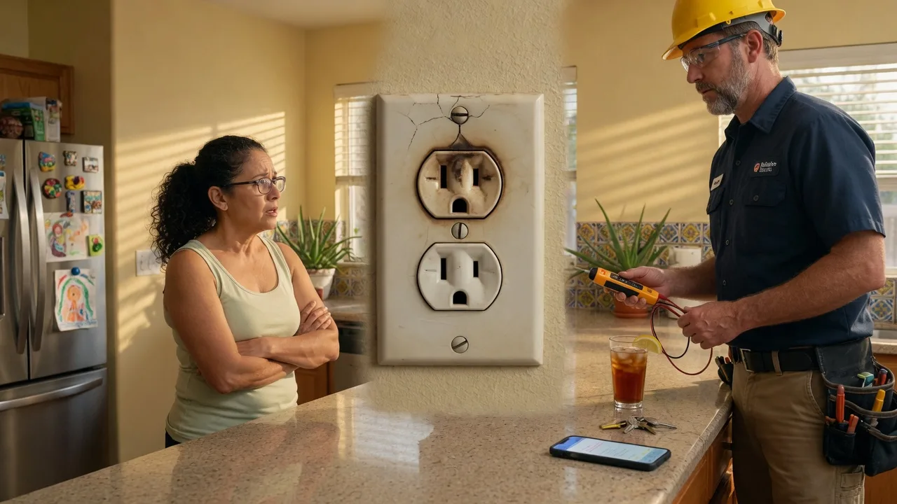 Dueño de casa alejándose de un contacto de cocina decolorado mientras llega el electricista