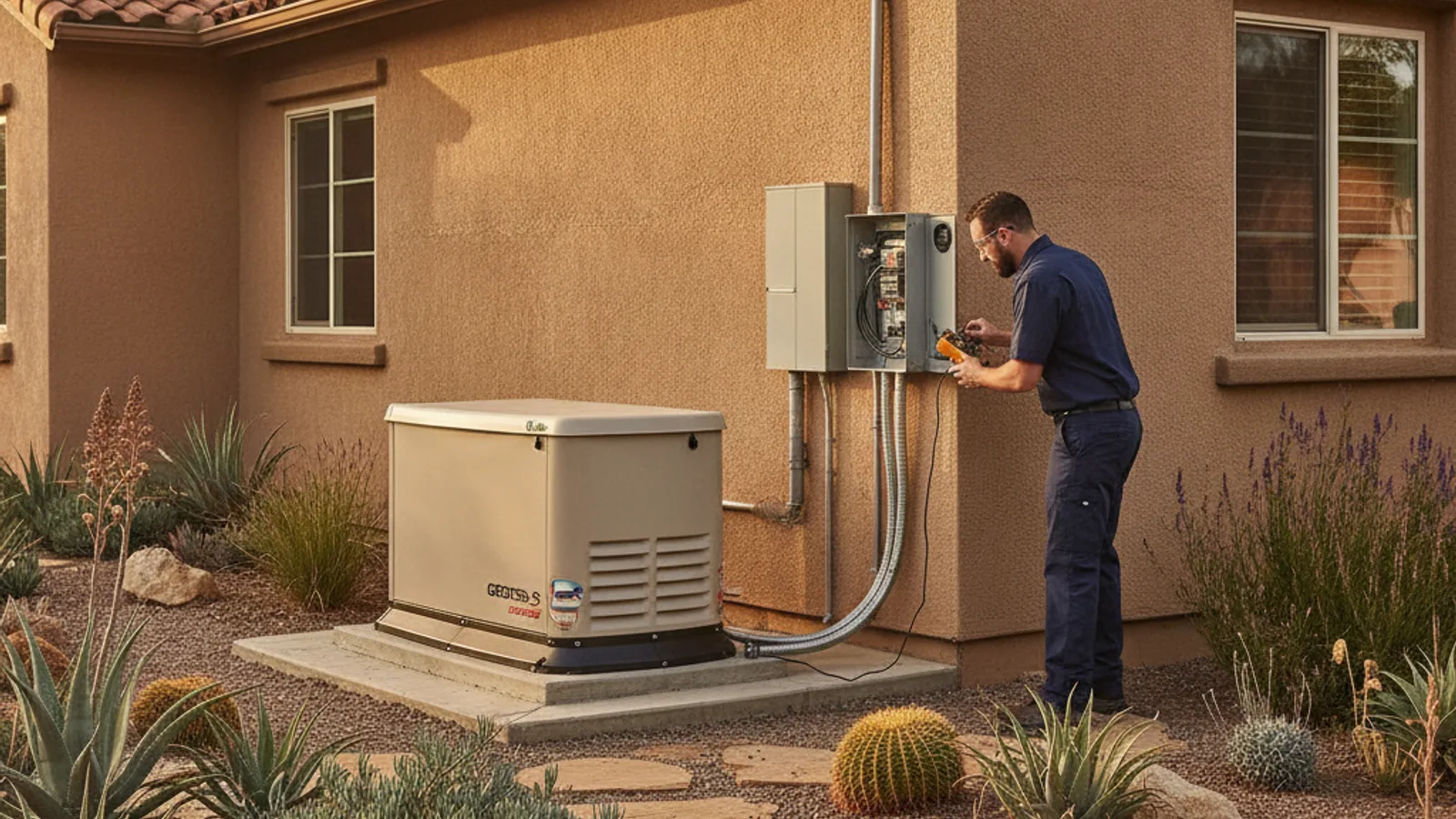 Cutaway illustration of a home, a standby generator, a transfer switch, and selected circuits during a utility outage