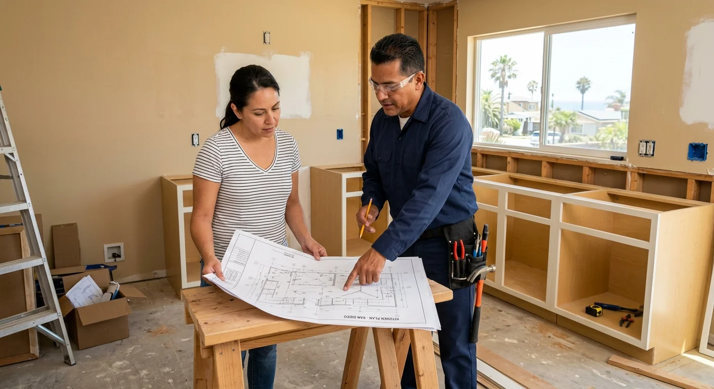 Homeowner and electrician reviewing a kitchen plan before cabinets