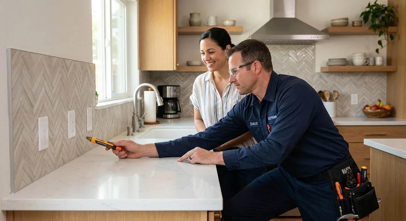 San Diego homeowner and electrician reviewing closed kitchen counter outlets