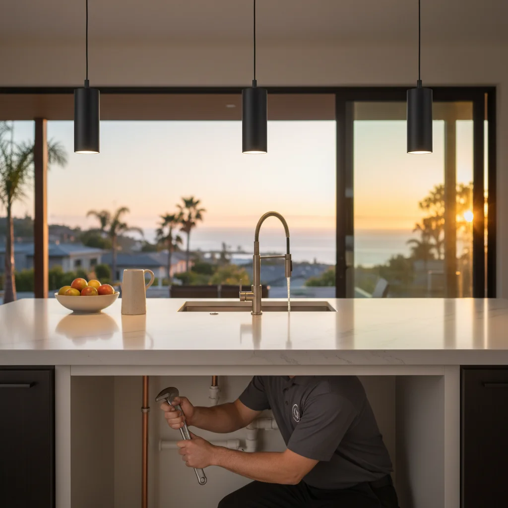 Three matte black pendant lights hanging over a white quartz kitchen island in a remodeled San Diego home