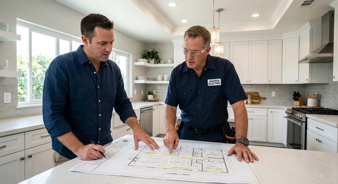 A San Diego homeowner reviewing kitchen lighting zones with an independent electrician