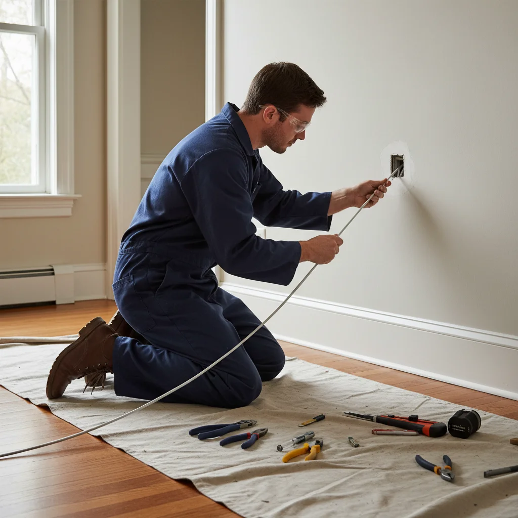 Electrician pulling new electrical wire through a plaster wall during a rewire