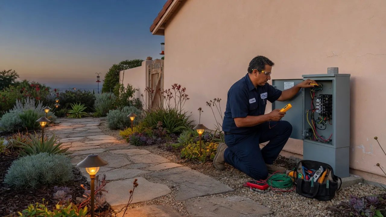 Electrician checking a landscape lighting transformer beside a San Diego stucco house at dusk