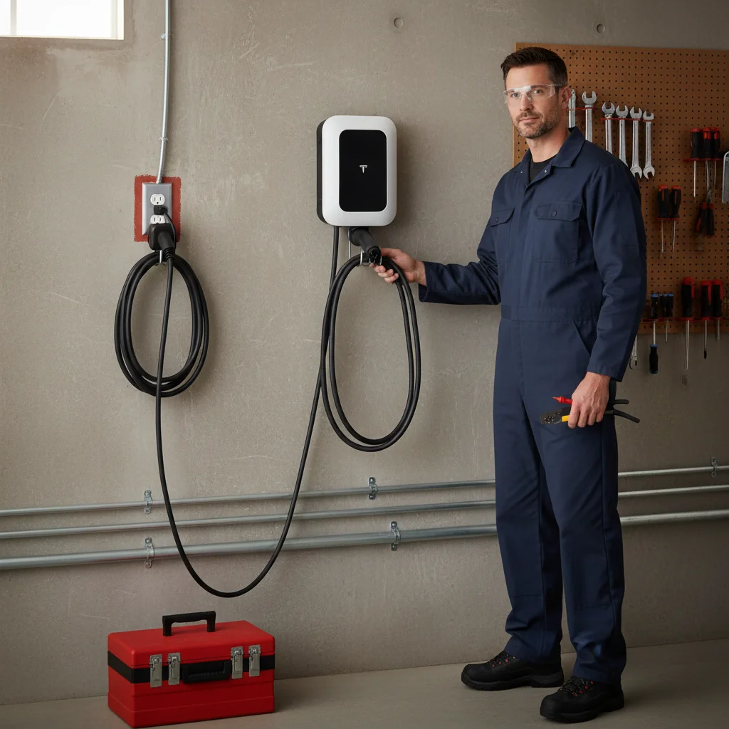 A level 1 EV charging cord plugged into a standard outlet beside a level 2 wall connector on a garage wall, side-by-side comparison