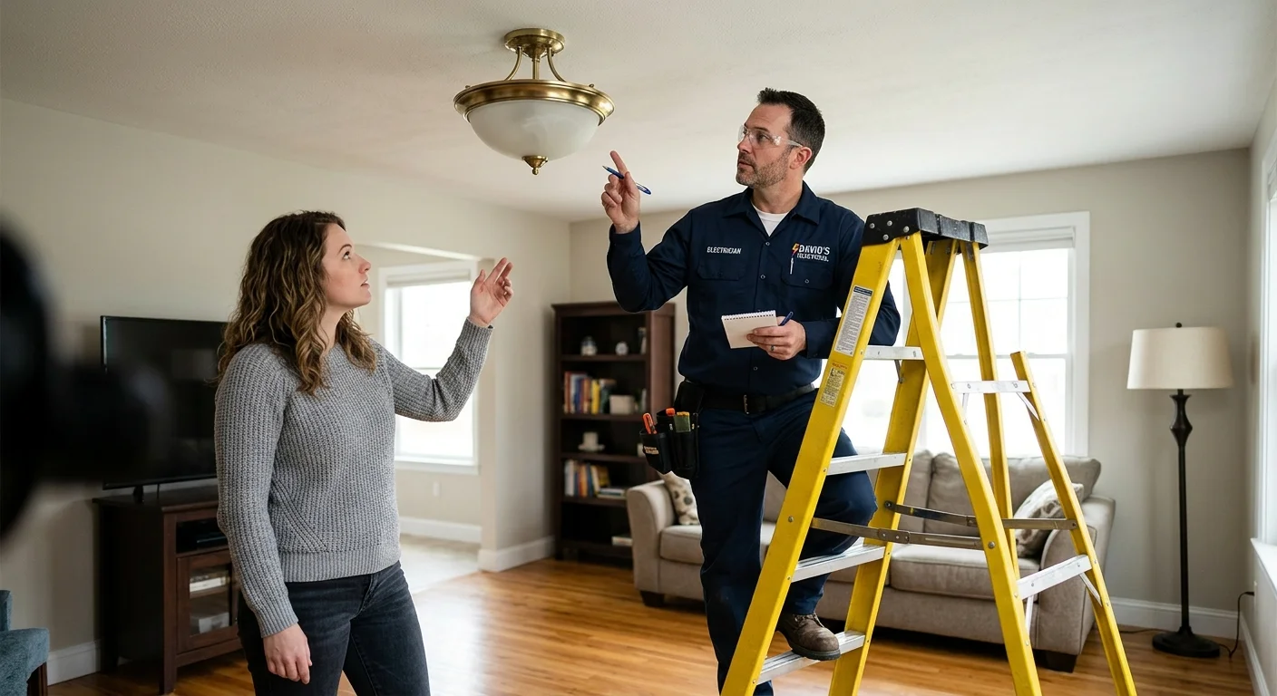Homeowner reviewing a ceiling light location with an independent electrician