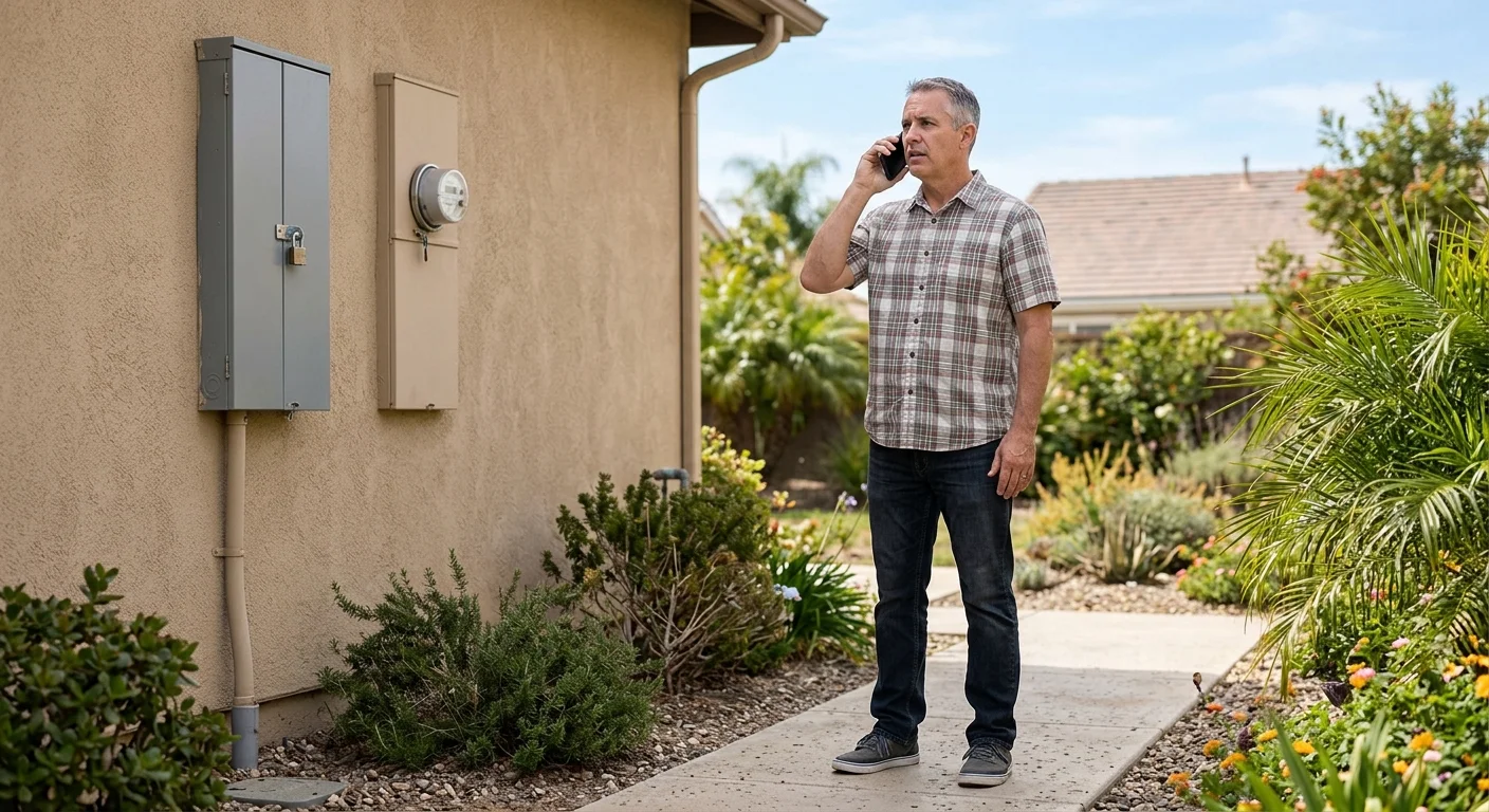 San Diego homeowner standing away from a closed meter and panel while calling for help