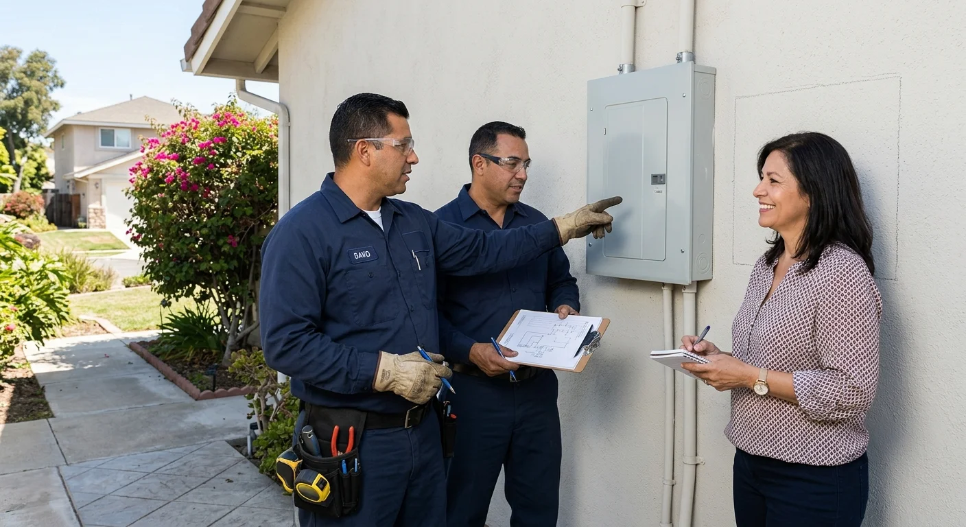 San Diego homeowner reviewing electrical panel plans with an independent electrician