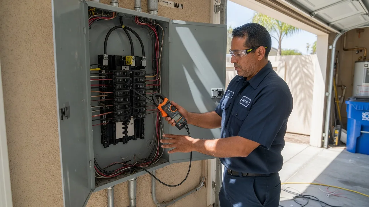 Electrician checking two adjacent breakers with a handle tie in a San Diego panel