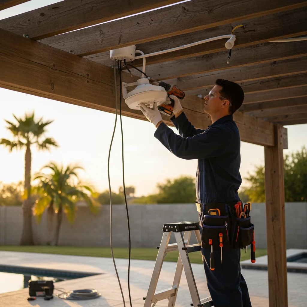 An electrician on a step ladder mounts an outdoor ceiling fan to a wooden beam under a patio cover.