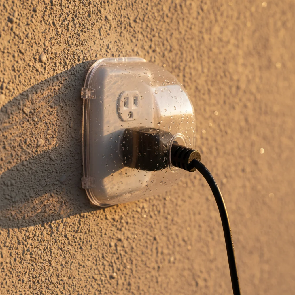 Weatherproof in-use bubble cover on an exterior GFCI outlet mounted on a stucco wall with patio string lights plugged in