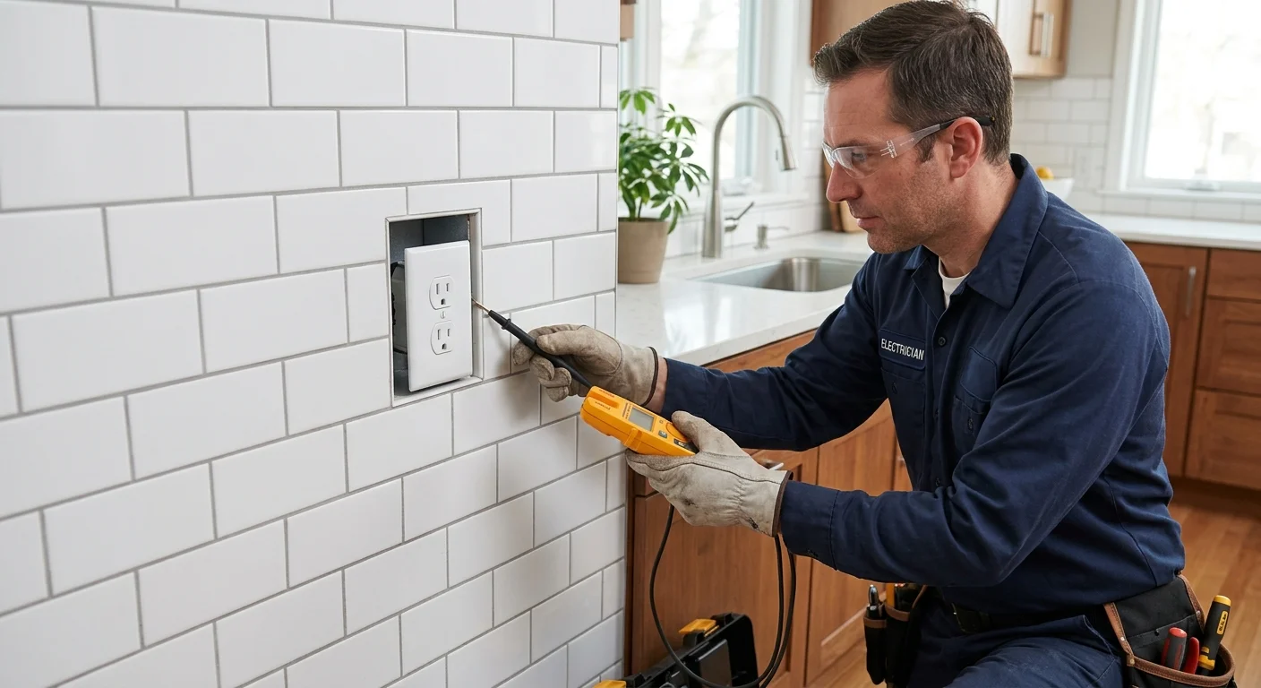 Independent electrician reviewing a recessed outlet in a finished tile backsplash