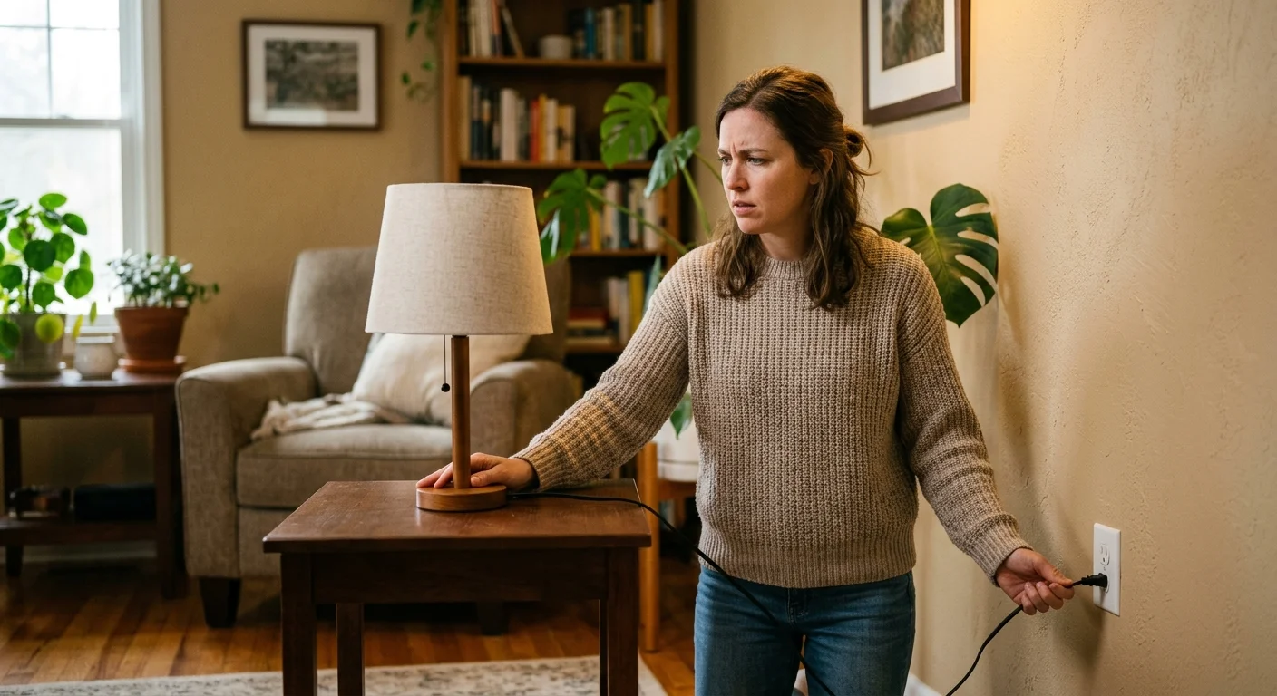 A homeowner looking with a confused expression at a lamp that won't turn on, plugged into a wall outlet in a dark room.