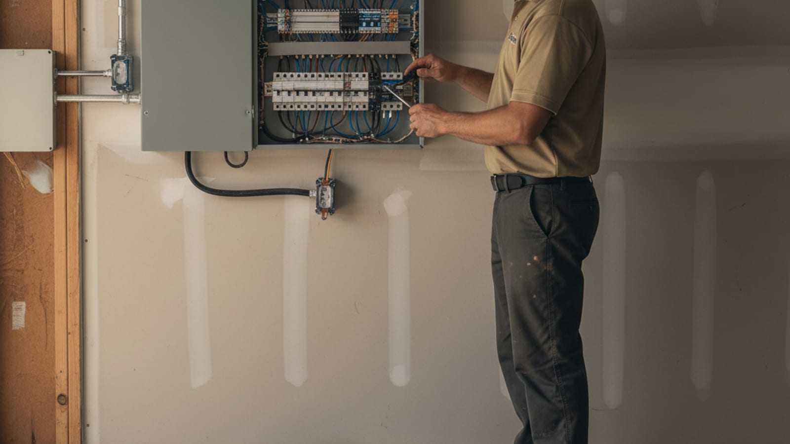 Licensed electrician installing a new 200-amp main breaker panel inside a San Diego garage with neat wire bends and labeled breakers