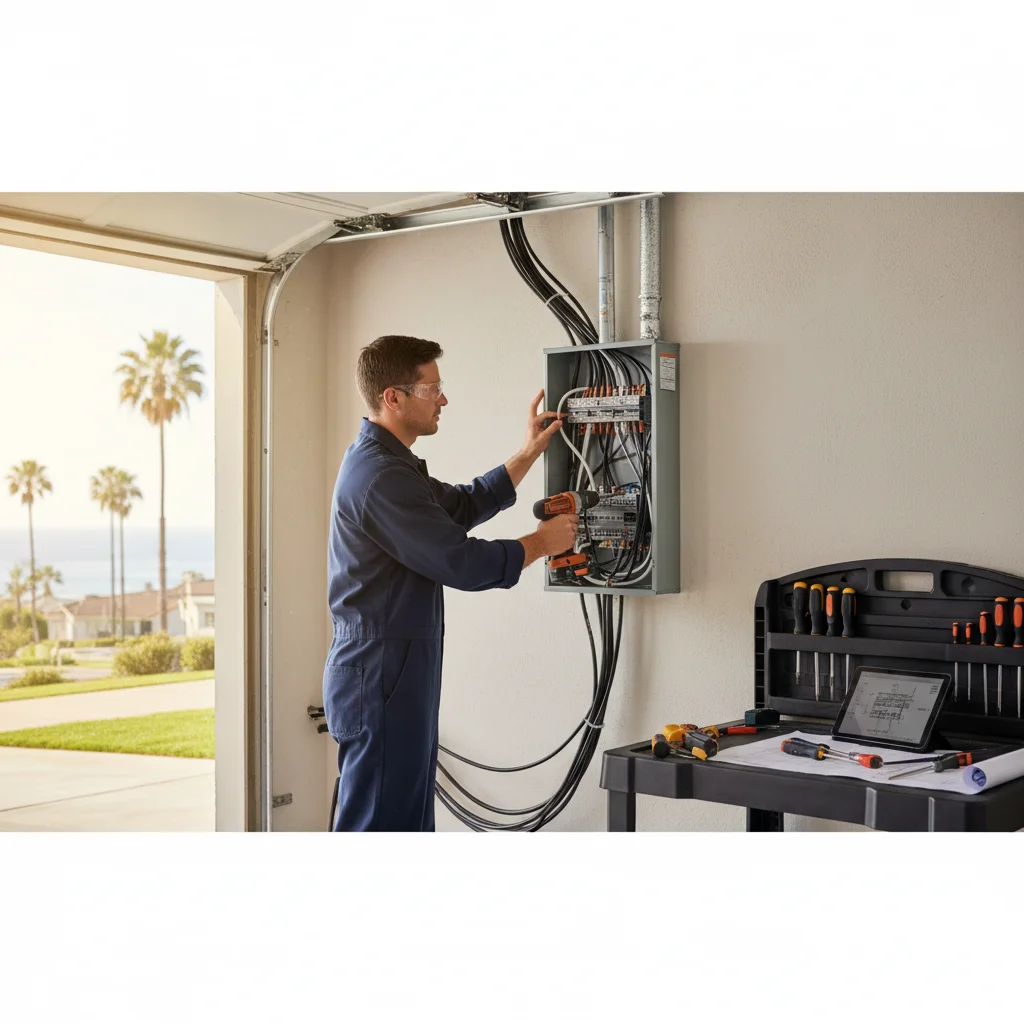 A newly installed 200-amp electrical panel mounted on the exterior wall of a San Diego area home