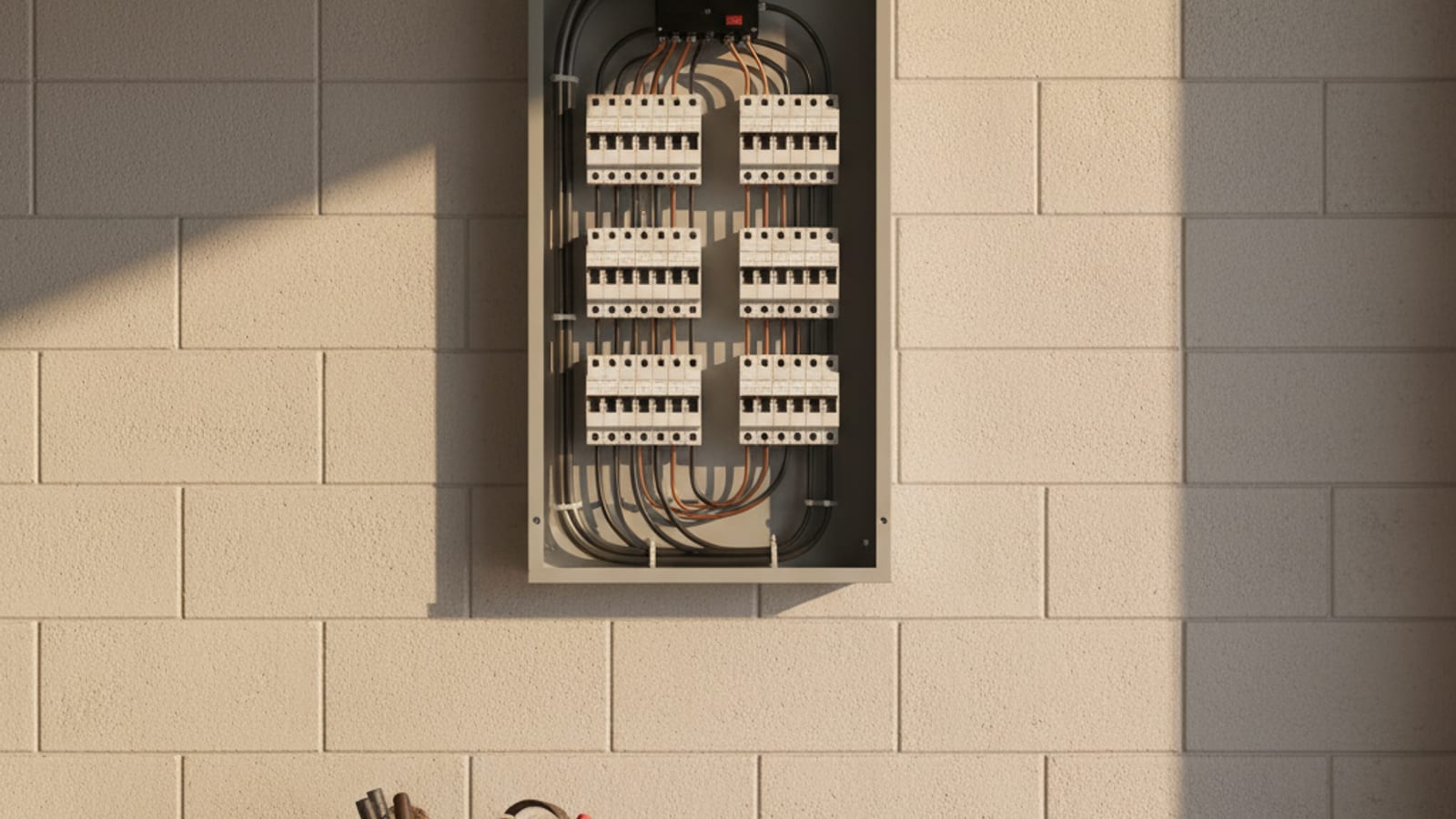 Wide shot of a freshly installed 200-amp residential main breaker panel on a clean San Diego garage wall with the cover removed showing labeled breakers and neat wire bends