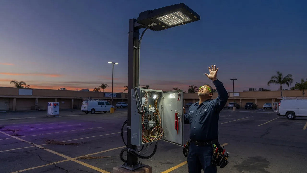 Electrician at dusk inspecting a dark parking-lot pole light in San Diego