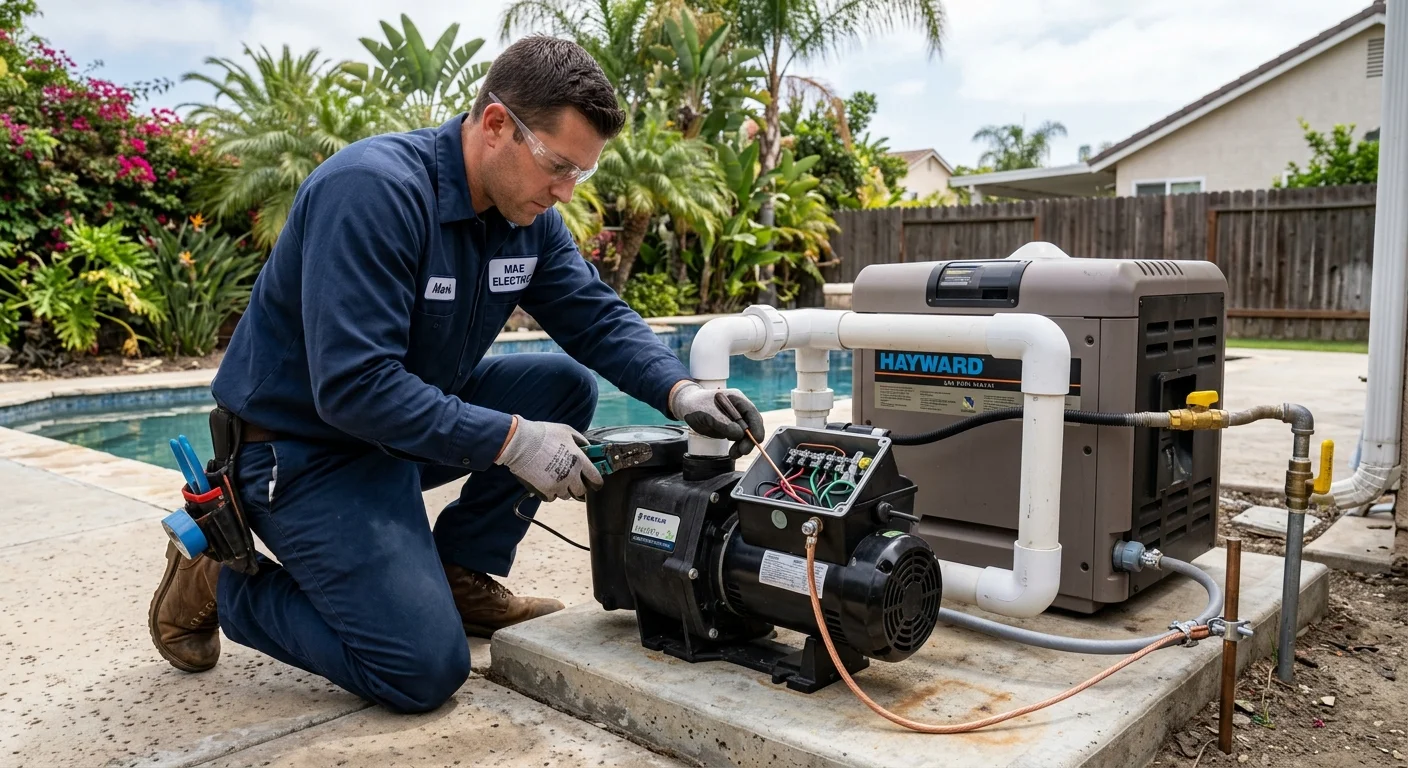 An electrician wiring a variable-speed pool pump and heater at a San Diego backyard equipment pad, with visible bonding wire.