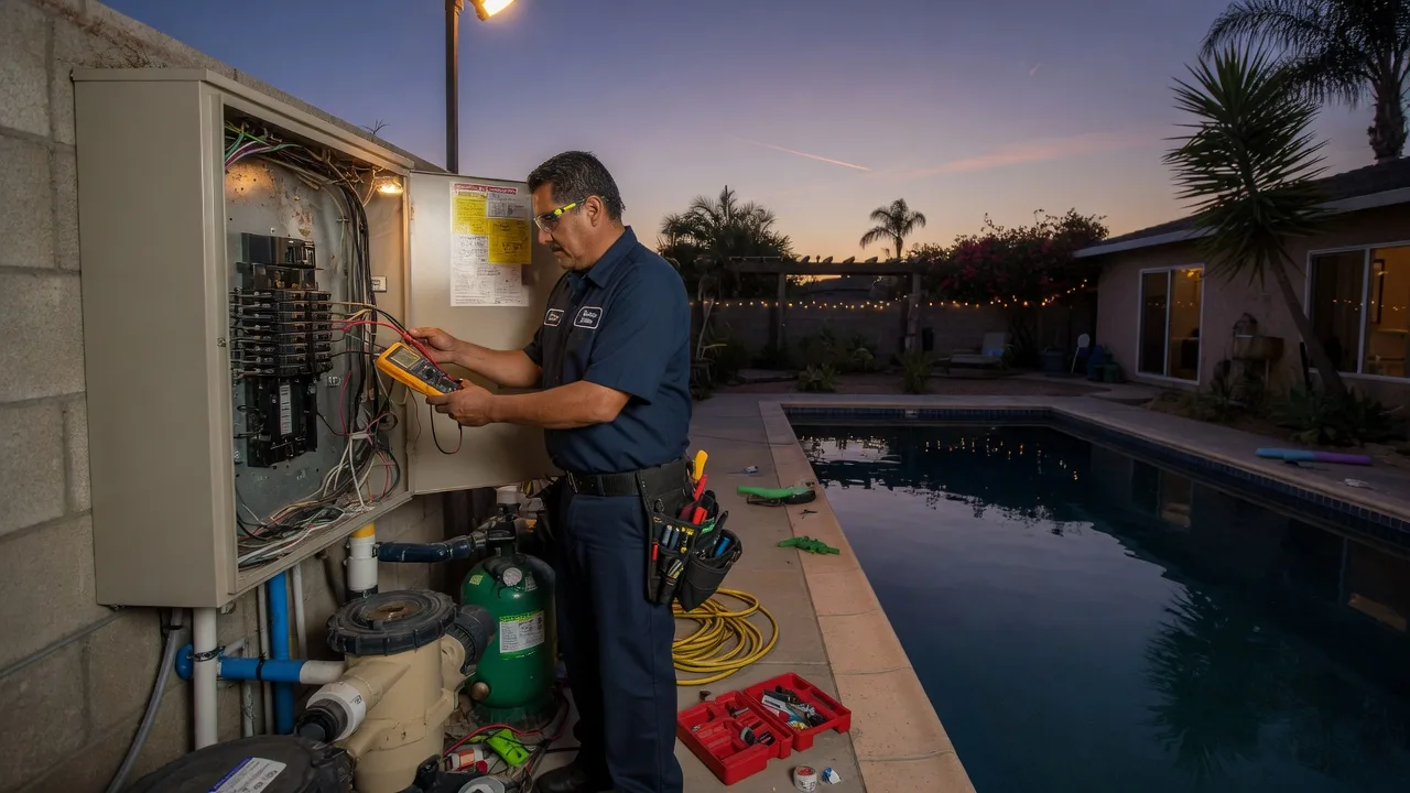 Electrician inspecting a GFCI at a San Diego backyard pool equipment pad