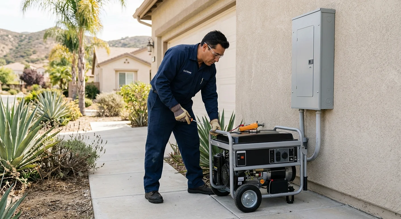 Inland San Diego homeowner and electrician reviewing a portable generator by a closed panel