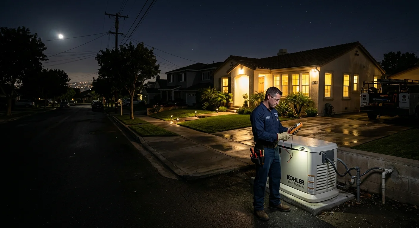 A dark San Diego neighborhood during a power outage, with one house brightly lit by a whole-home generator