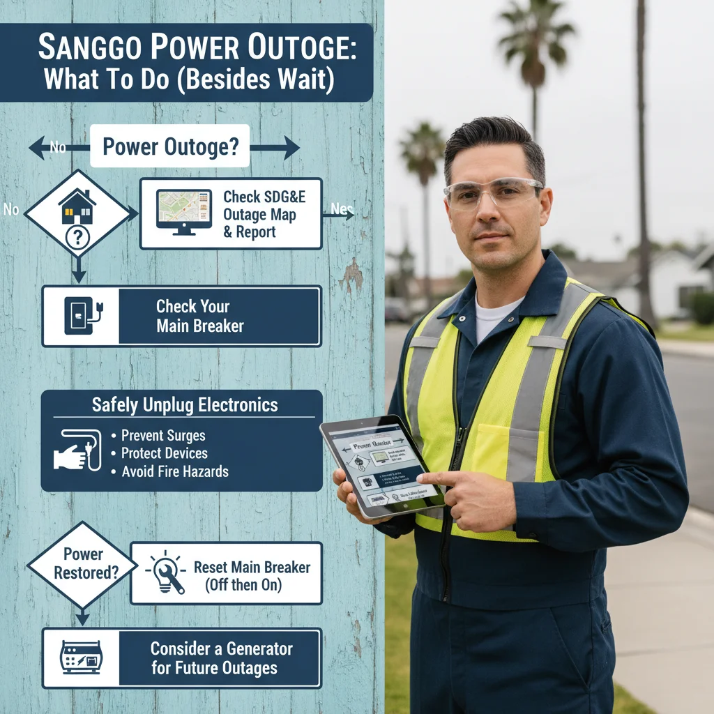 Infographic flow chart outlining steps to take during a San Diego power outage, from checking your own home to contacting SDG&E or an electrician.