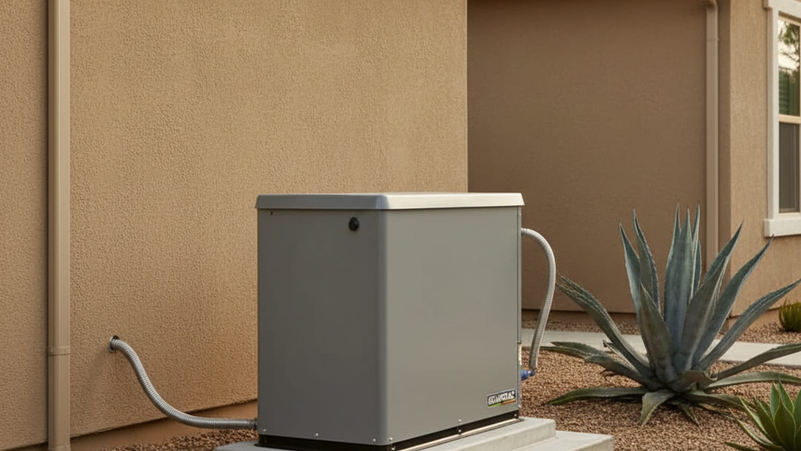 Whole-home Generac standby generator installed on a concrete pad beside a San Diego home with the natural gas connection visible and surrounding drought-tolerant landscaping