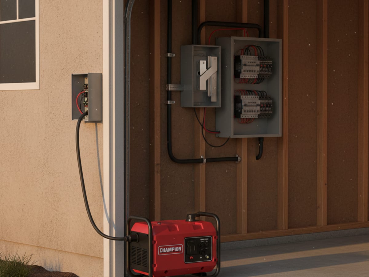 Portable generator connected to a residential exterior power inlet with a manual transfer switch interlock visible at the main electrical panel inside a San Diego garage