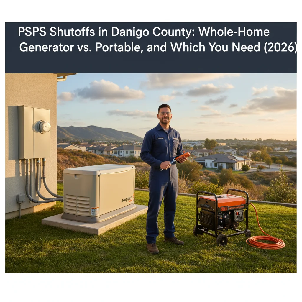 Whole-home standby generator installed beside a San Diego home, ready to handle a PSPS shutoff automatically