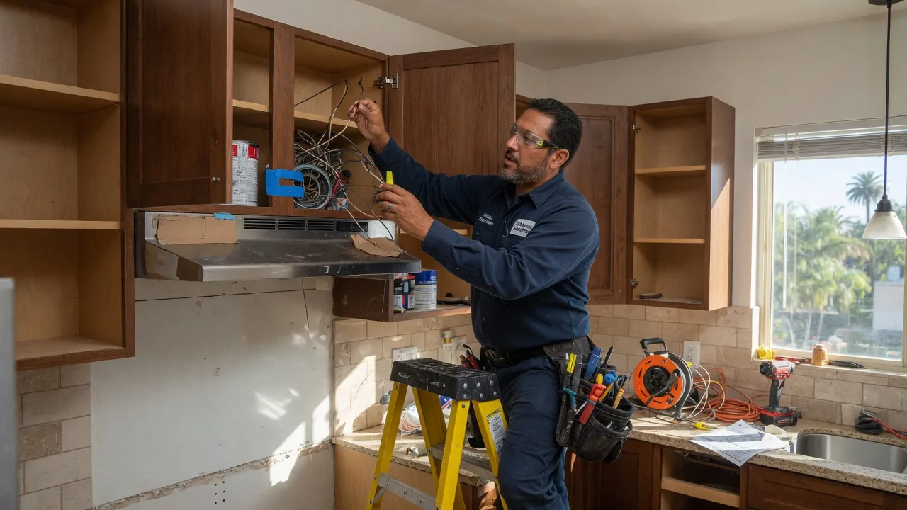 Electrician wiring a range hood junction box in a San Diego kitchen remodel