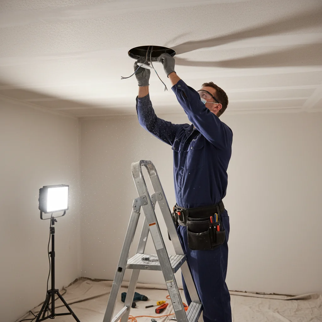 An electrician carefully installs a canless LED recessed light into a drywall ceiling.