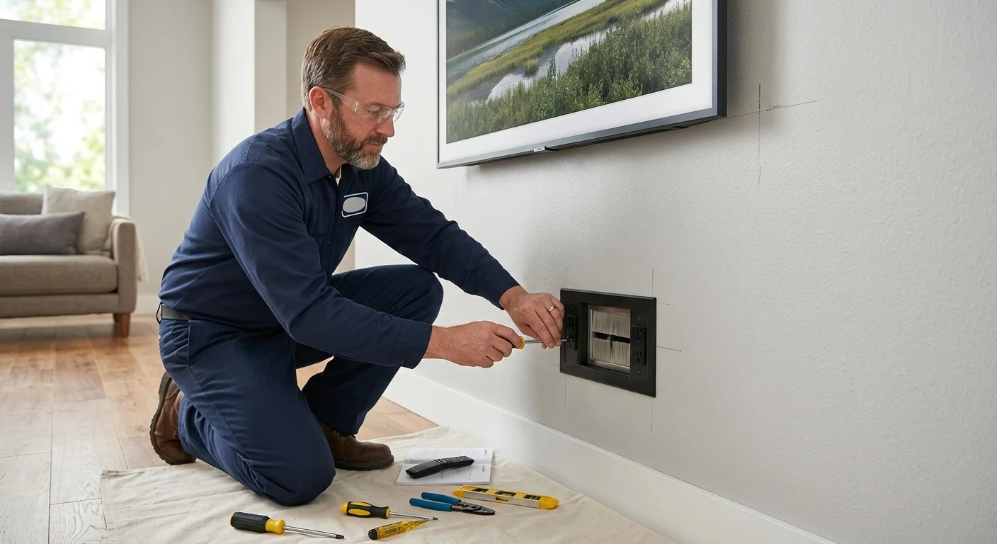 Recessed outlet positioned behind a wall-mounted television