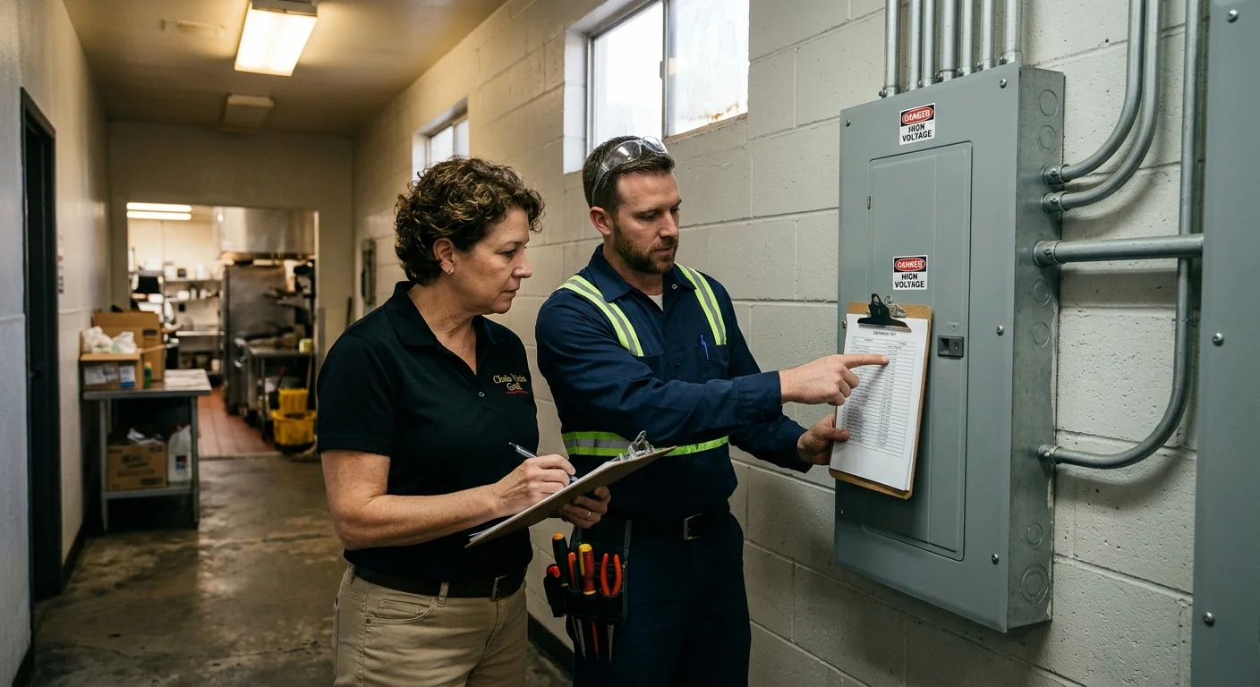 A restaurant manager and electrician reviewing equipment records beside a closed electrical panel