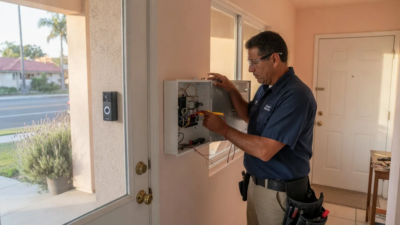Electrician checking a doorbell chime and transformer in a San Diego hallway