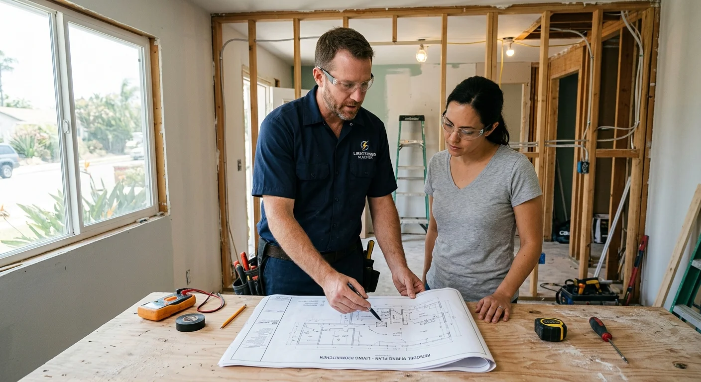 A San Diego homeowner and electrician reviewing a room-by-room wiring plan